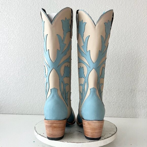 Stylish Cream and Blue Heeled Boots - Picture 3 of 12